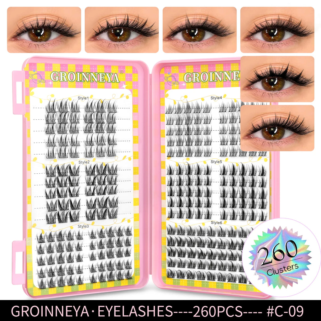 GROINNEYA Natural Cluster Lashes - 320 Pcs Volume Mixed Tray