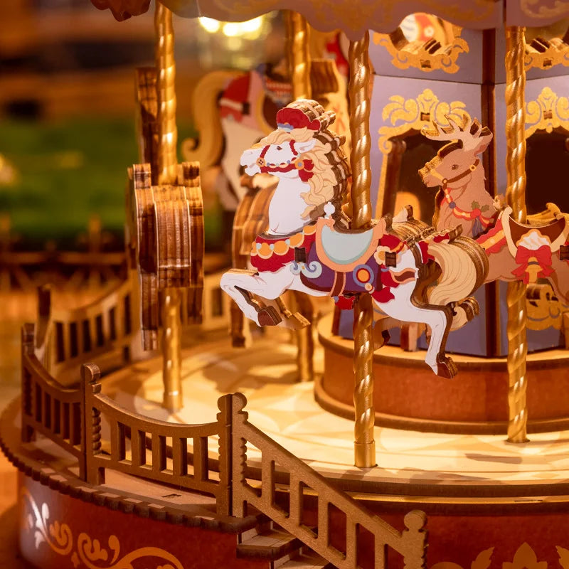 Robotime 3D Wooden Carousel Music Box with LED Lights - Fun Gift Idea