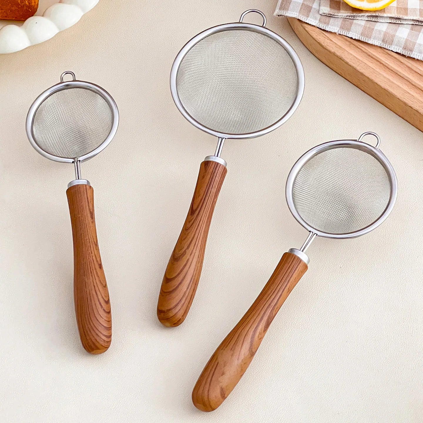 Stainless Steel Flour Sieve with Wooden Handle - Kitchen Strainer