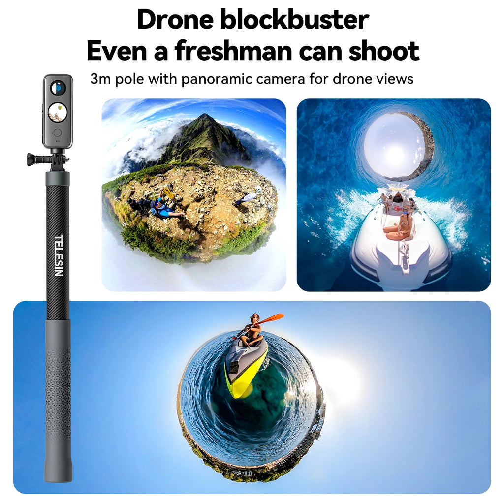 TELESIN Carbon Fiber Selfie Stick Monopod - Extendable 1.2M to 3M