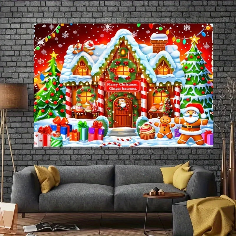 Festive Christmas Background with Holiday Decor & Whimsical Cottage