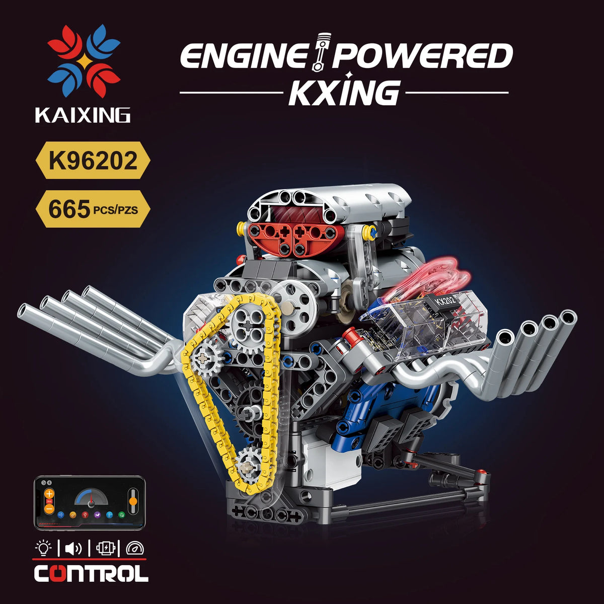 665-Piece V8 Engine Building Block Set with LED Lights | Creative Assembly Toy