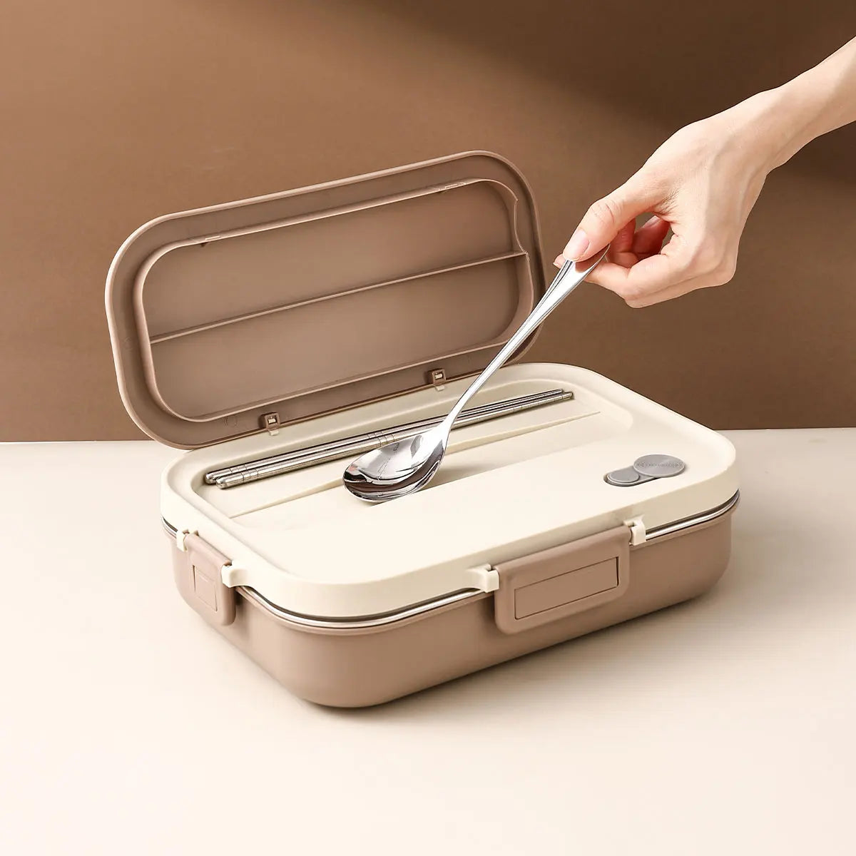 WORTHBUY Portable 4-Grid Stainless Steel Lunch Box with Utensils