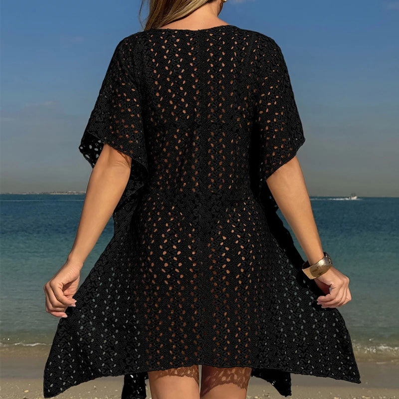 Elegant Deep V Neck Long Sleeve Beach Cover-Up Dress