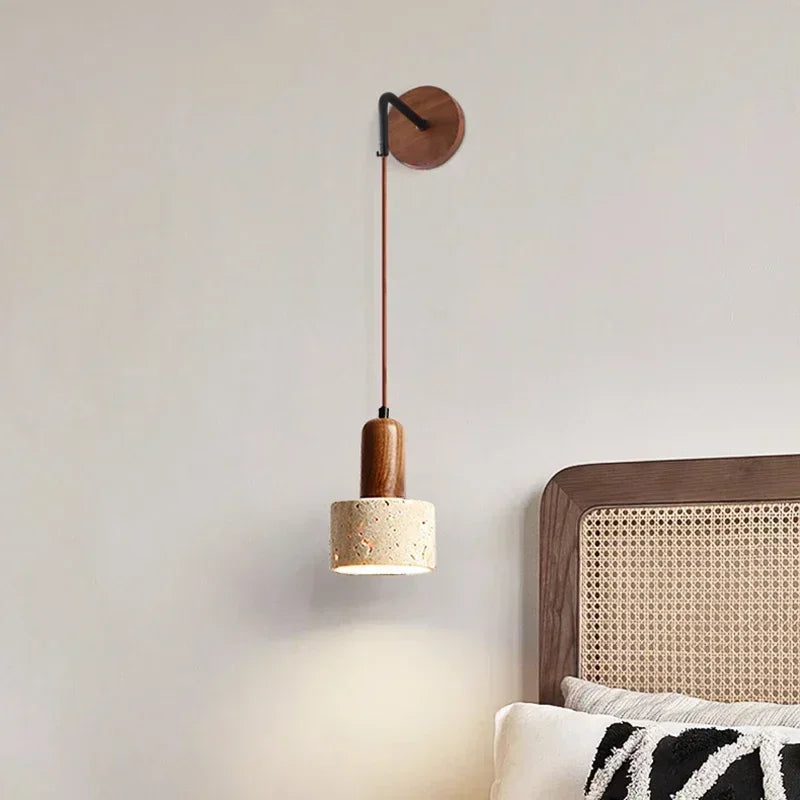Wabi Sabi Natural Stone Wall Lamp - Retro Peach Wood LED Sconce