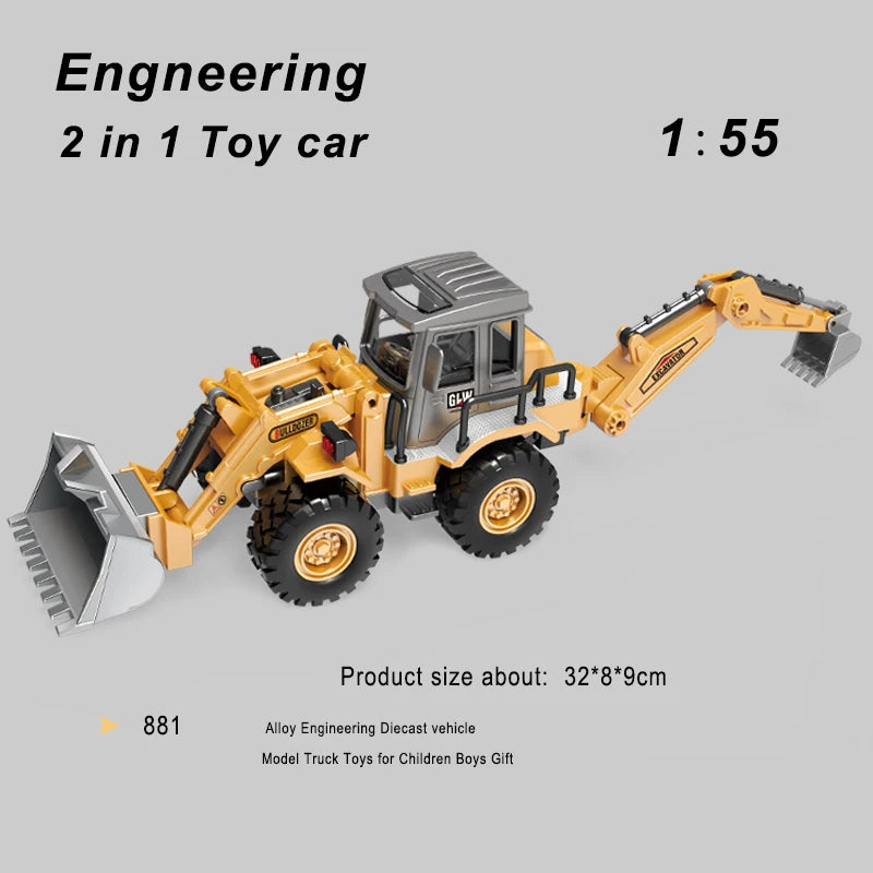 Alloy 2-in-1 Bulldozer & Excavator Diecast Engineering Truck Toy