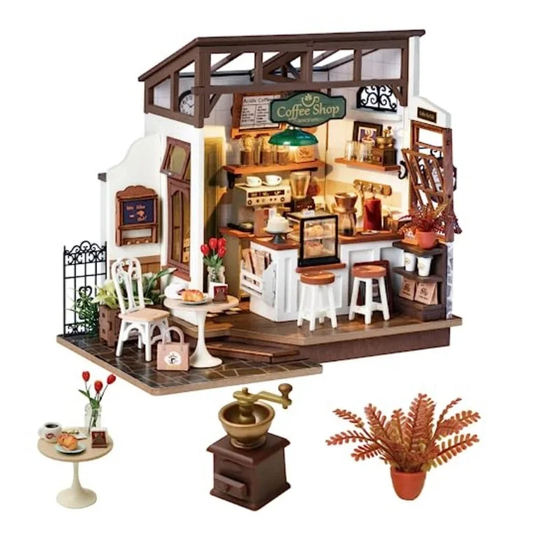 Robotime DIY Wooden Dollhouse Set - LED Coffee Model Kit for All Ages
