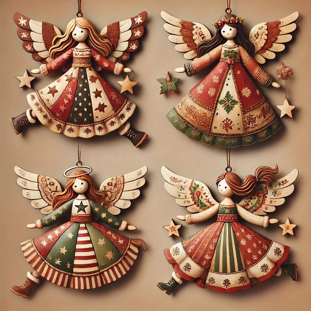 4PCS Vintage Angel Wooden Hanging Ornaments for Festive Decor