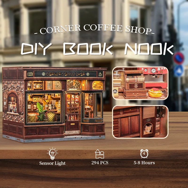 CUTEBEE DIY Book Nook Kit with LED Light - Charming Miniature Coffee Shop