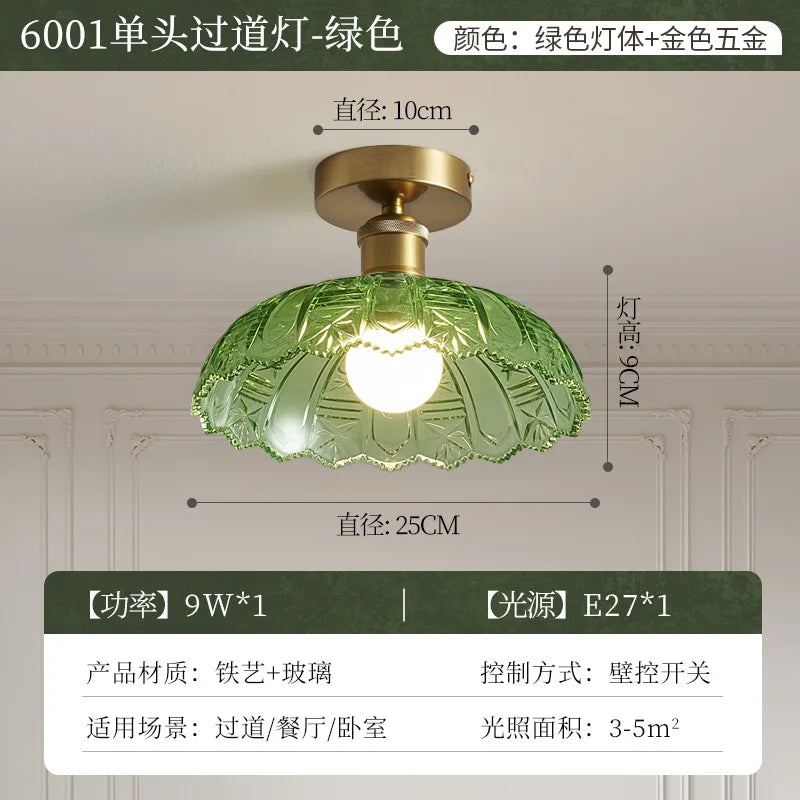 Vintage Green Glass LED Pendant Light - Adjustable Floral Design