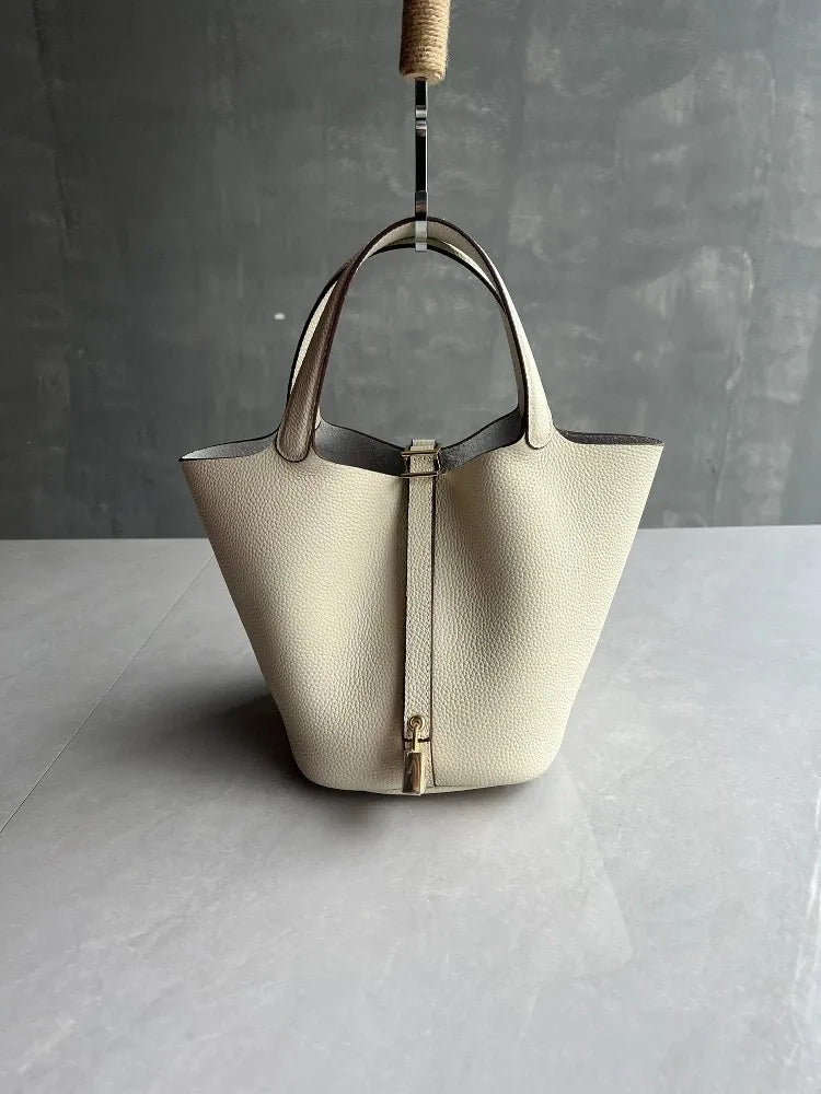 Elegant Premium Cowhide Leather Handheld Basket Bag for Women