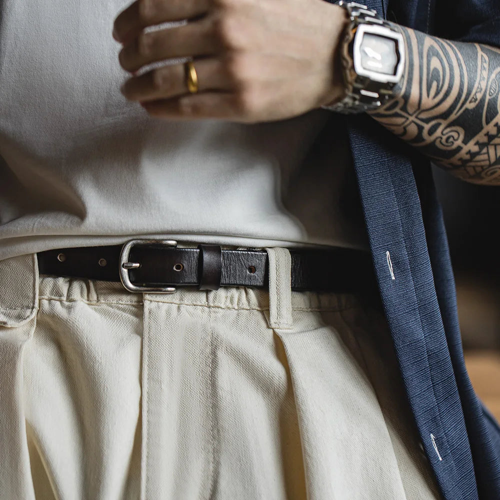 MADEN Men's Retro Leather Belt - Stylish Black Cowhide Accessory