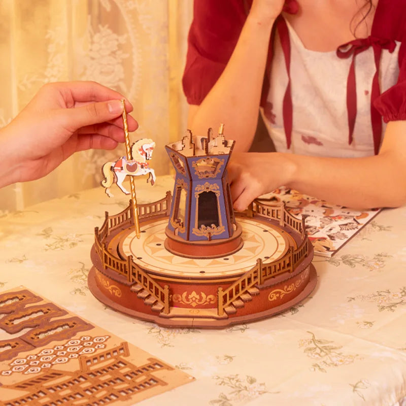 Robotime 3D Wooden Carousel Music Box with LED Lights - Fun Gift Idea