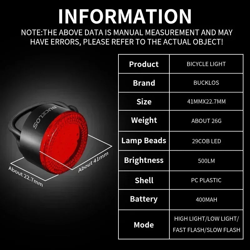 BUCKLOS USB Rechargeable Bike Lights - Front & Rear LED Safety Set