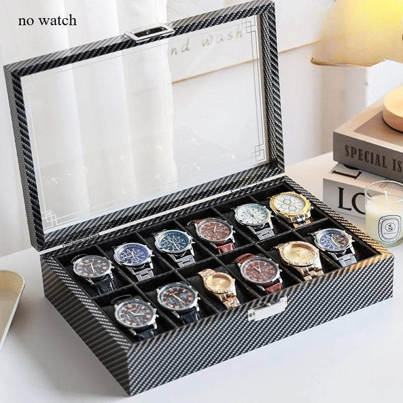 High-Gloss Carbon Fiber Watch Storage Box - Elegant Watch Organizer