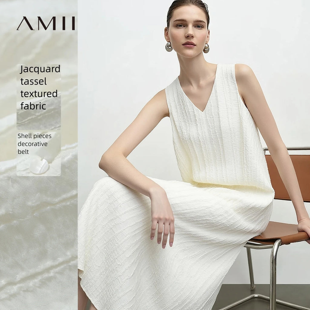 Amii Women's Elegant A-Line Midi Dress - Sleeveless V-Neck Style