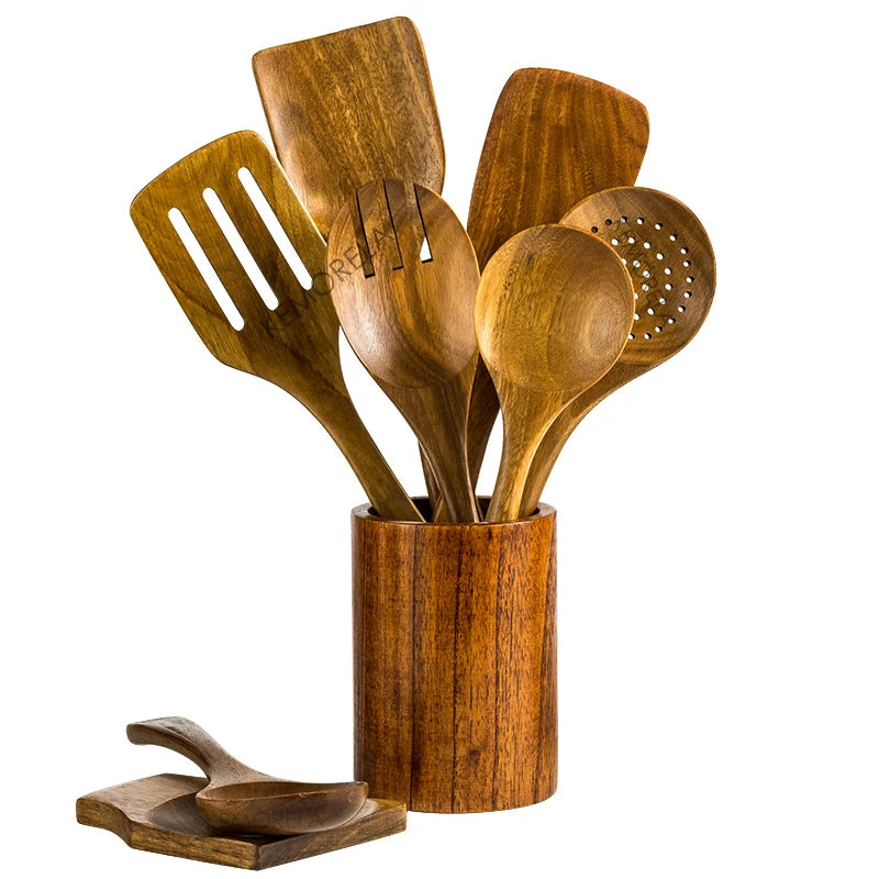 9-Piece Teak Wooden Cooking Spoon Set with Holder - Eco-Friendly Utensils