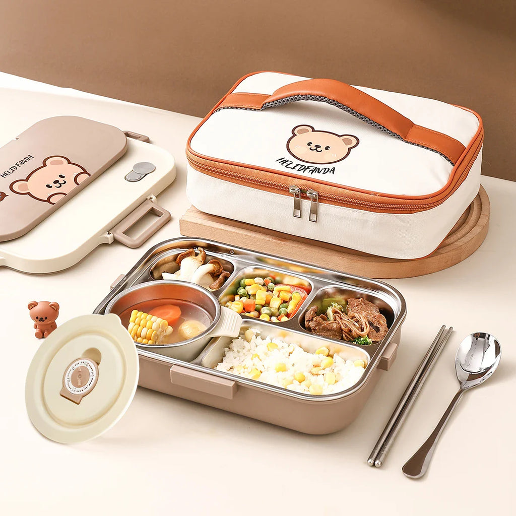 WORTHBUY Portable 4-Grid Stainless Steel Lunch Box with Utensils