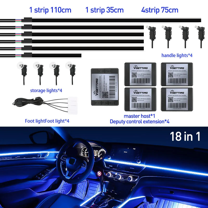 RGB LED Car Ambient Lights - 64 Color Customizable Symphony Lamp