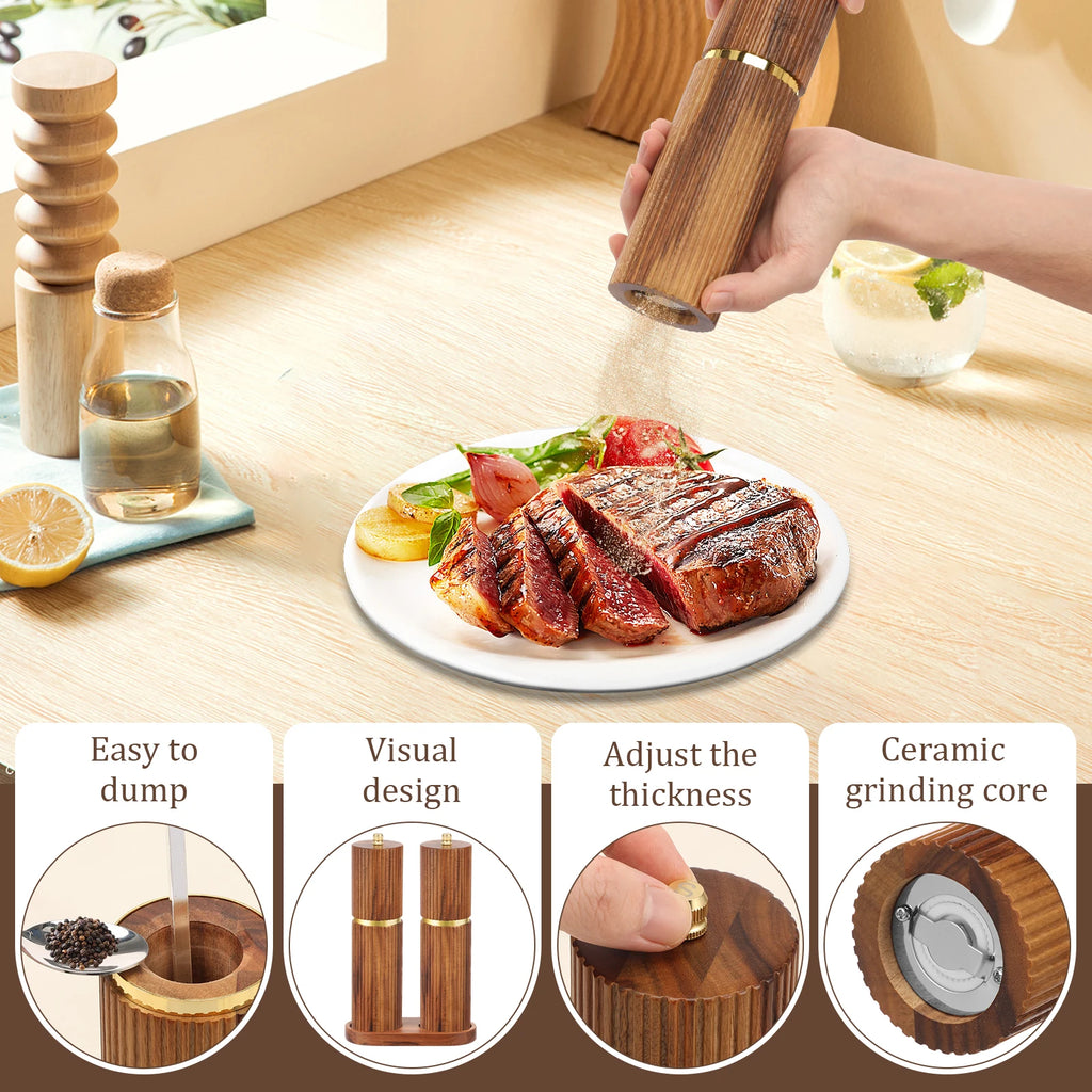 Wooden Salt and Pepper Grinder Set with Adjustable Coarseness