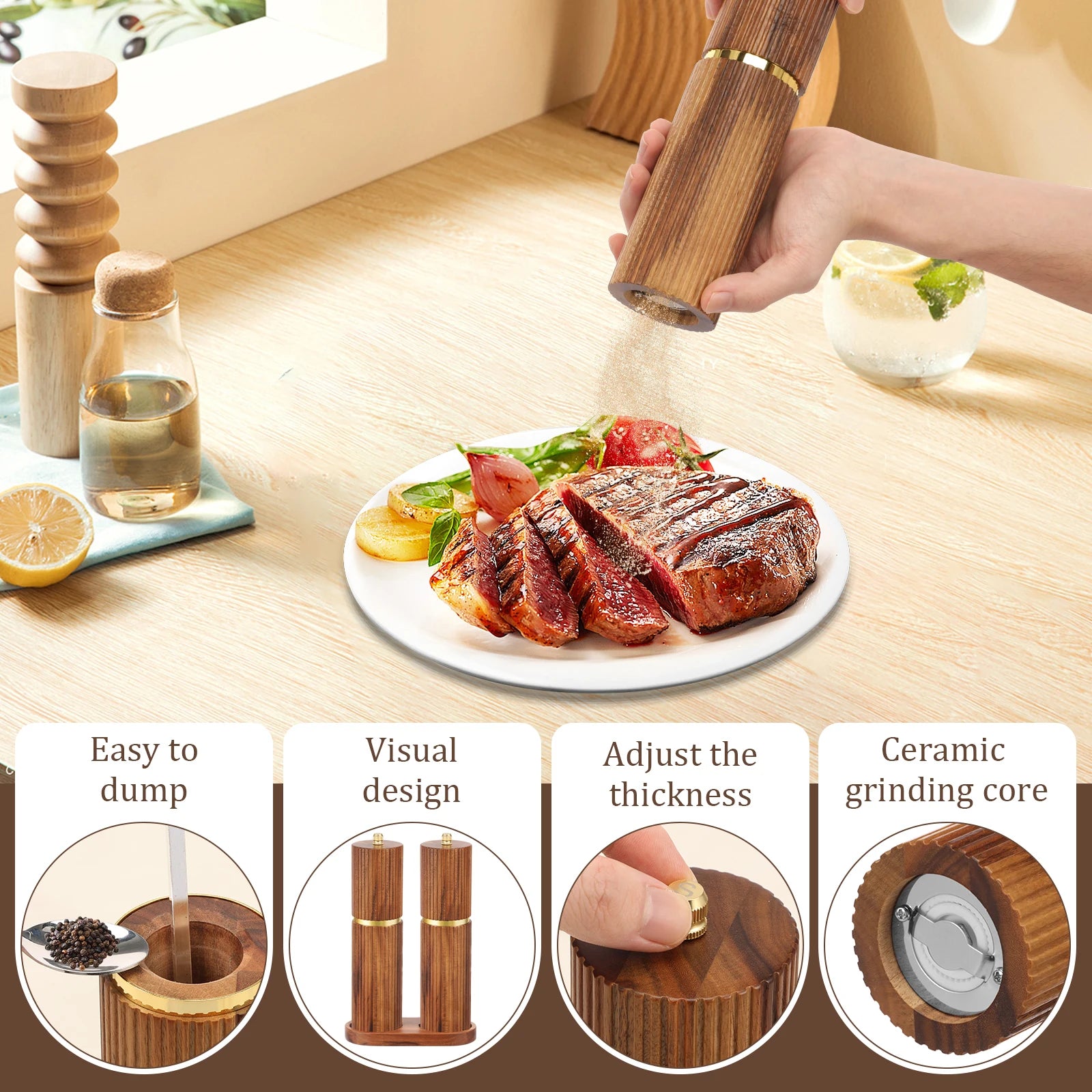 Wooden Salt and Pepper Grinder Set with Adjustable Coarseness