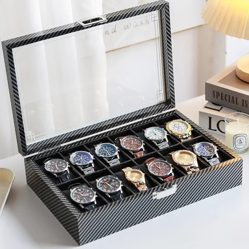 High-Gloss Carbon Fiber Watch Storage Box - Elegant Watch Organizer