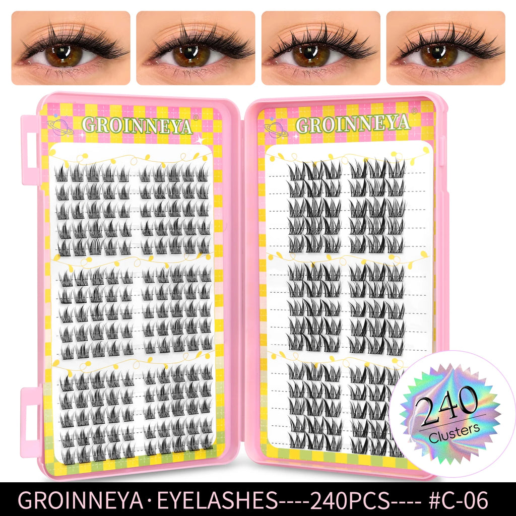 GROINNEYA Natural Cluster Lashes - 320 Pcs Volume Mixed Tray