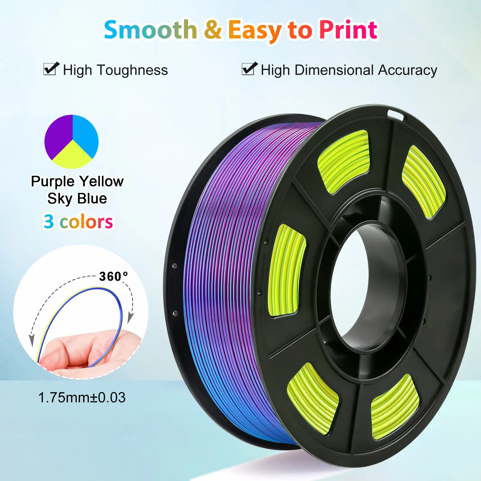 Tricolor Silk PLA 3D Printer Filament - 1.75mm Multicolor 250g