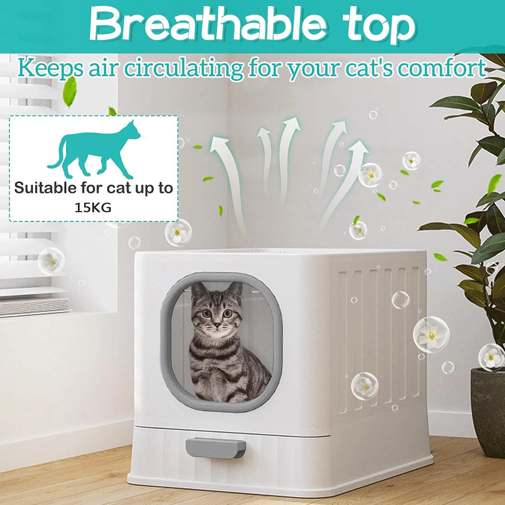 Leak-Proof Cat Litter Box with Pull Drawer & Scoop - Anti-Splash Design