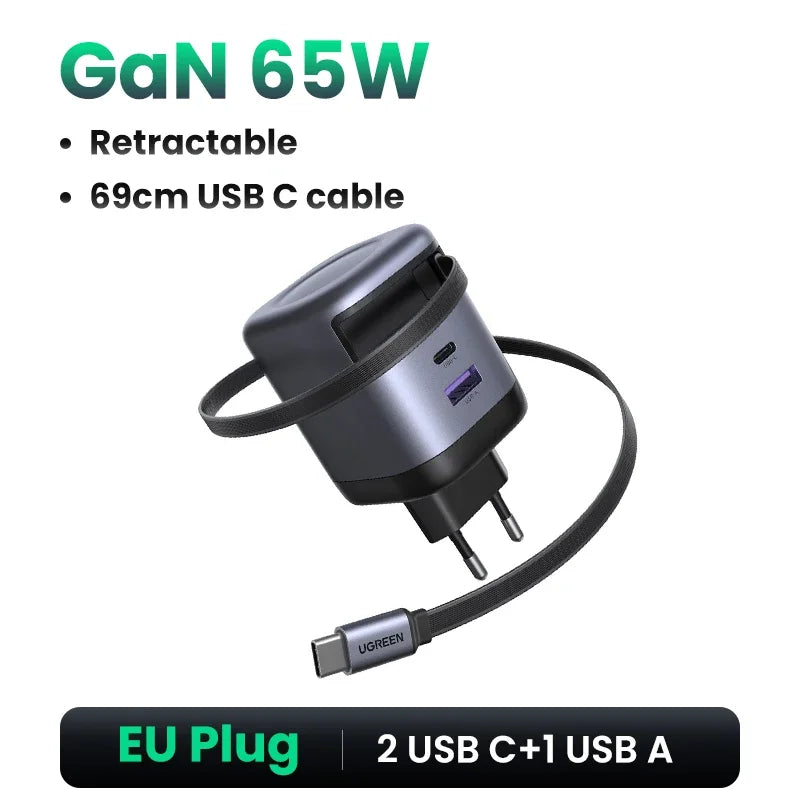 UGREEN 65W GaN Charger with Retractable USB-C Cable - Fast & Compact