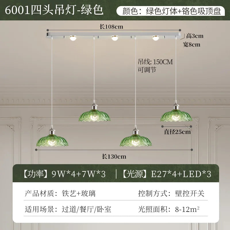 Vintage Green Glass LED Pendant Light - Adjustable Floral Design