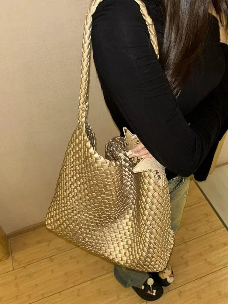 Trendy Champagne Gold Woven Tote Bag for Women - Extra Large & Durable