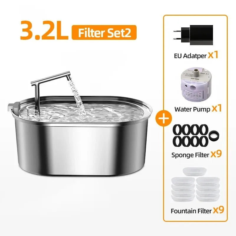 ROJECO Automatic Stainless Steel Cat Water Fountain - 3.2L Dispenser