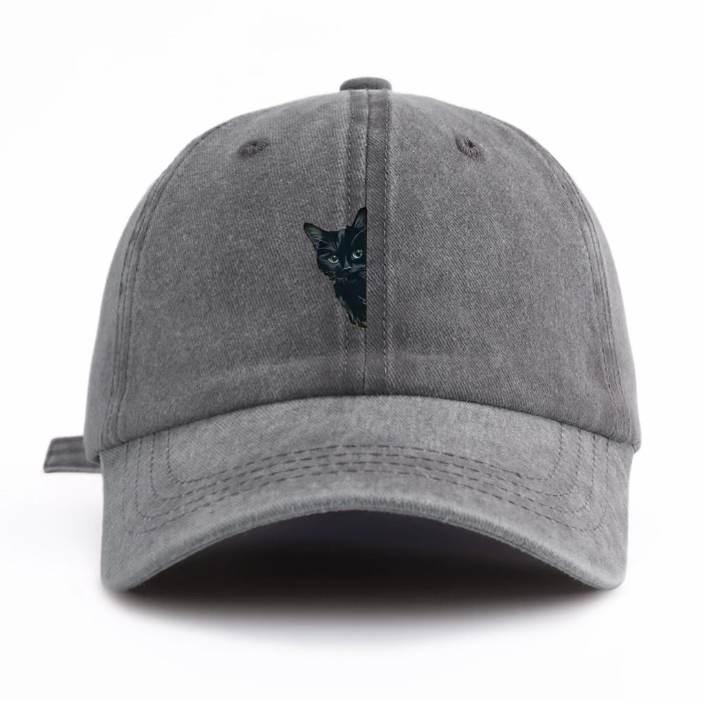 Black Cat Print Washed Baseball Cap - Casual Adjustable Dad Hat