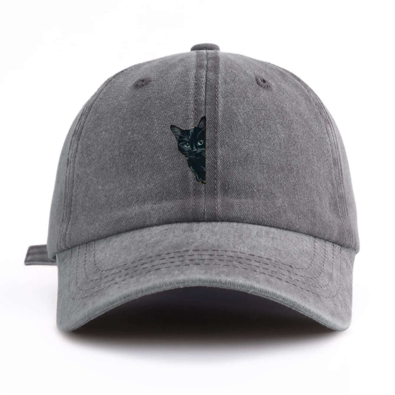 Black Cat Print Washed Baseball Cap - Casual Adjustable Dad Hat