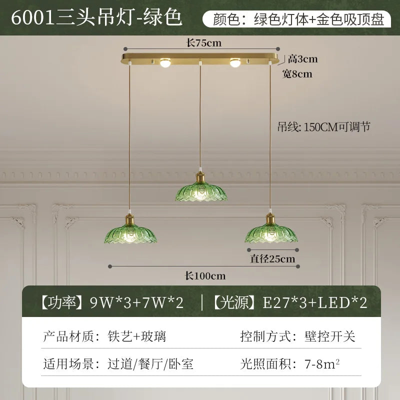 Vintage Green Glass LED Pendant Light - Adjustable Floral Design