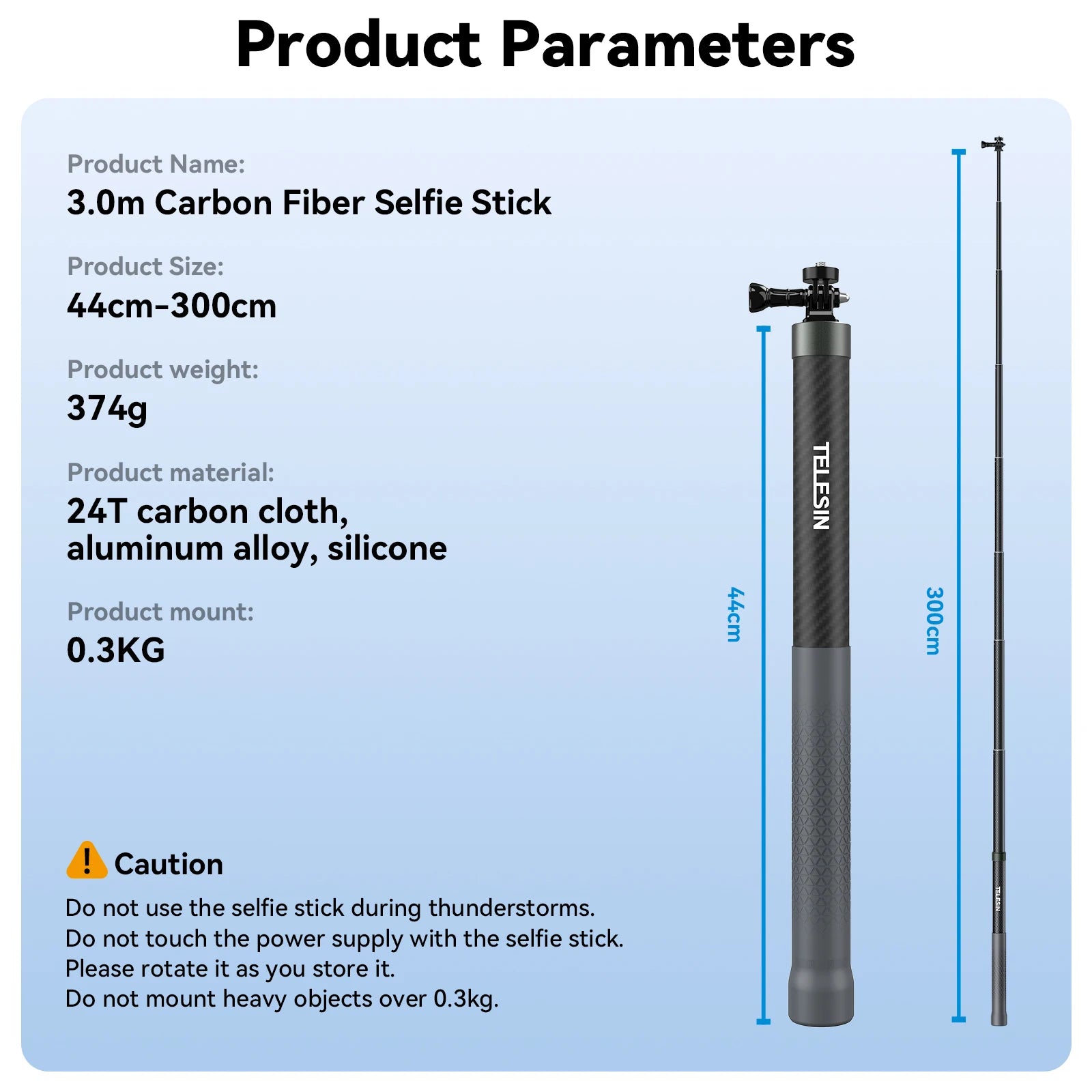 TELESIN Carbon Fiber Selfie Stick Monopod - Extendable 1.2M to 3M