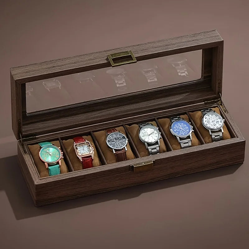 Vintage Wood Grain Watch Storage Box - Organize 6 Watches Elegantly