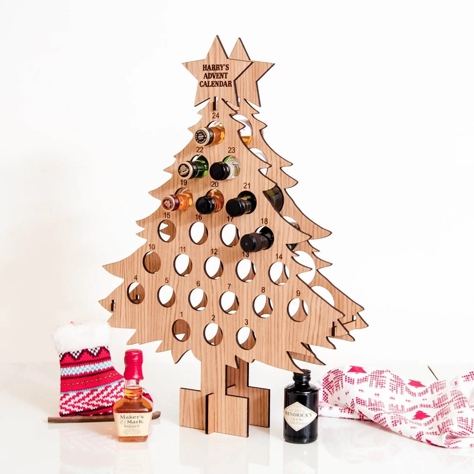 Wooden Christmas Tree Wine Bottle Holder - Advent Countdown Rack