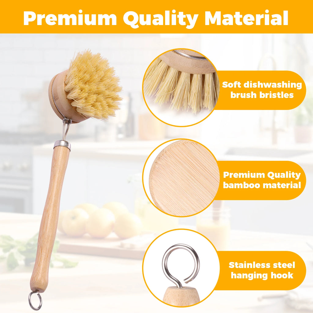 Eco-Friendly Bamboo Dish Brush Set - Versatile Long Handle Cleaning Tool