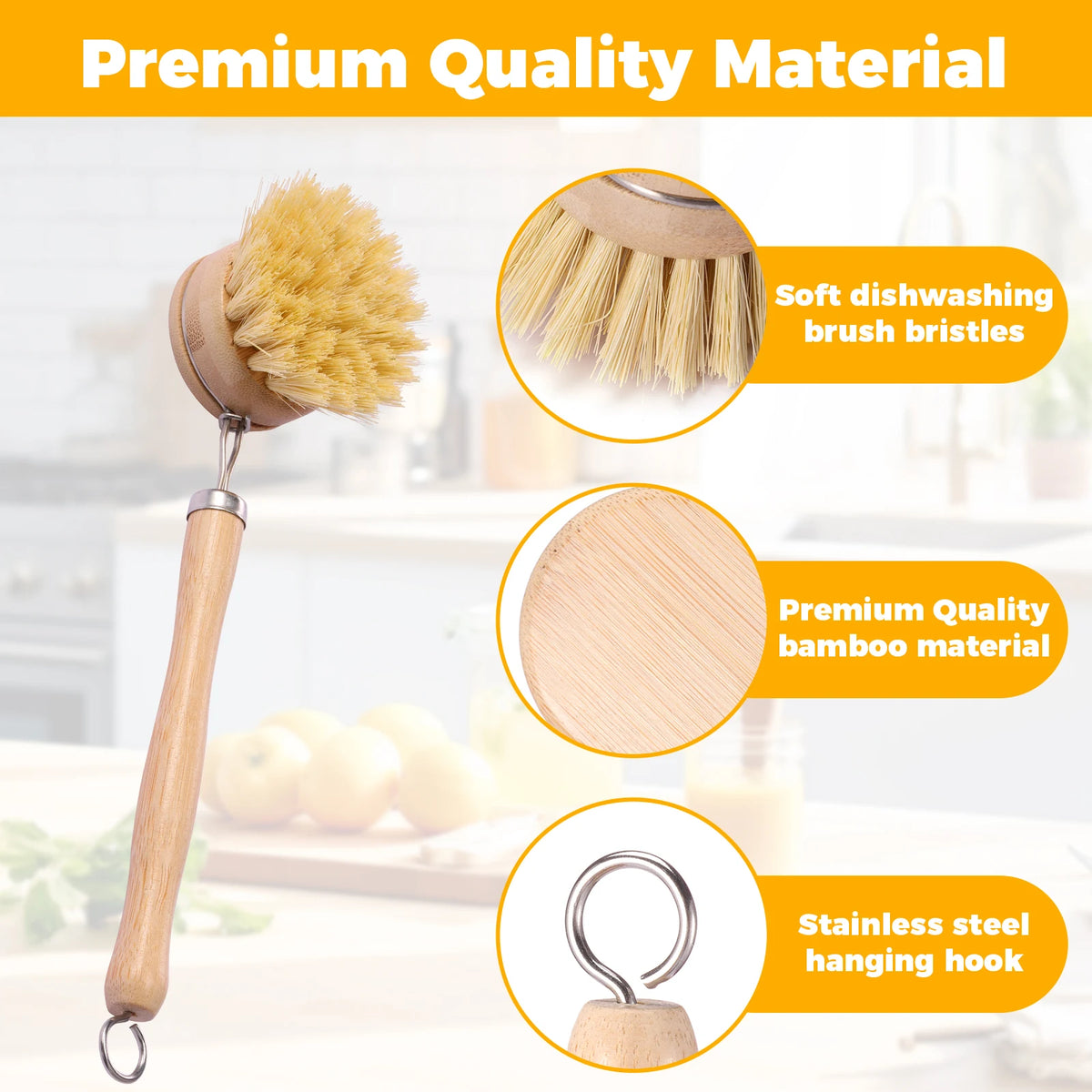 Eco-Friendly Bamboo Dish Brush Set - Versatile Long Handle Cleaning Tool