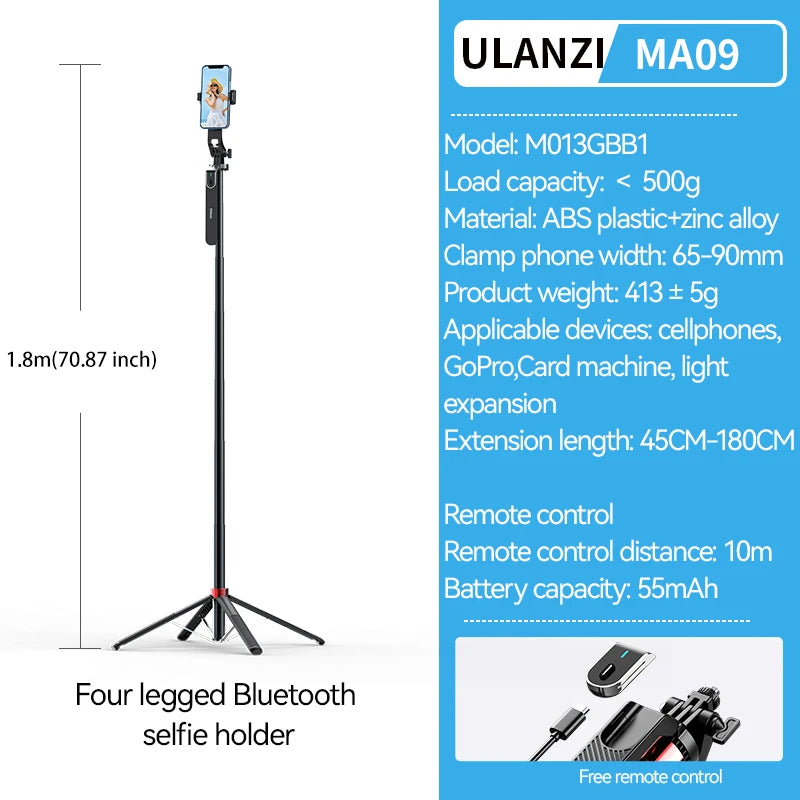 Ulanzi MA09 1.8m Selfie Stick Tripod with Remote for Smartphones