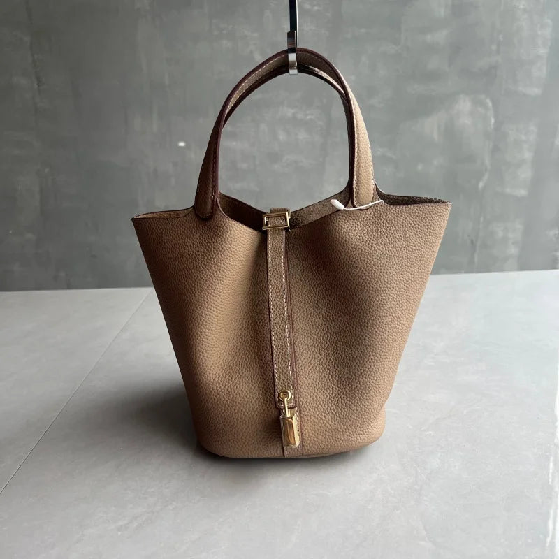 Elegant Premium Cowhide Leather Handheld Basket Bag for Women