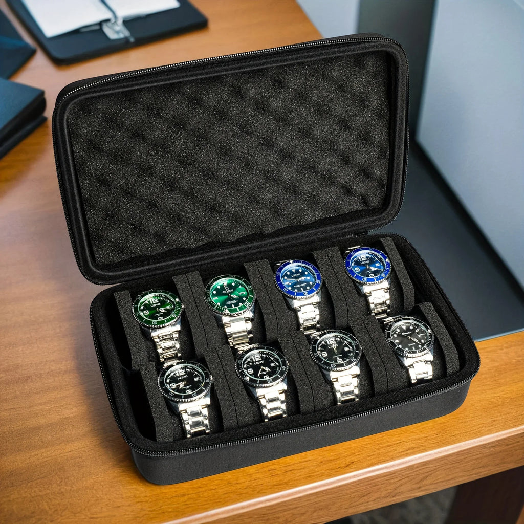 Elegant 8-Slot Watch Box - Premium Travel Case with Foam Padding