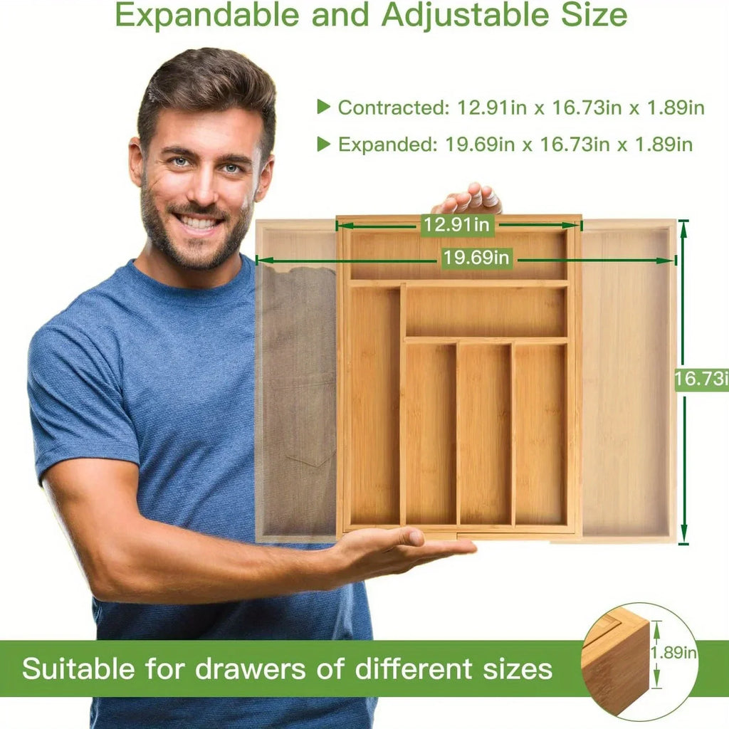 Eco-Friendly Adjustable Bamboo Drawer Organizer for Kitchen & Home