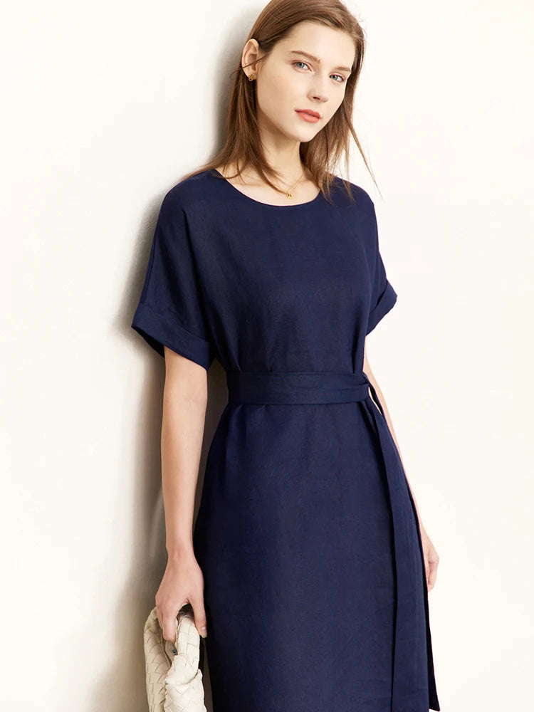 AMII Women's Elegant Linen Summer Dress - Artistic O-Neck A-Line Style