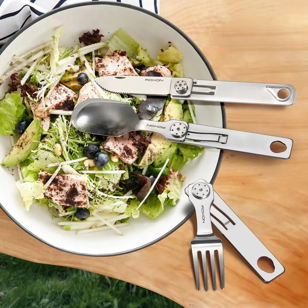 ROXON 3-In-1 Stainless Steel Camping Cutlery Set - Portable & Detachable