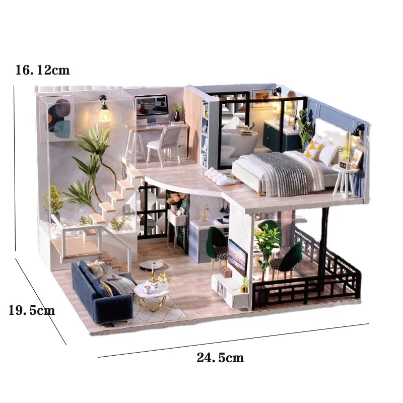 3D Wooden Mini Dollhouse Kit - DIY Duplex Apartment with Furniture