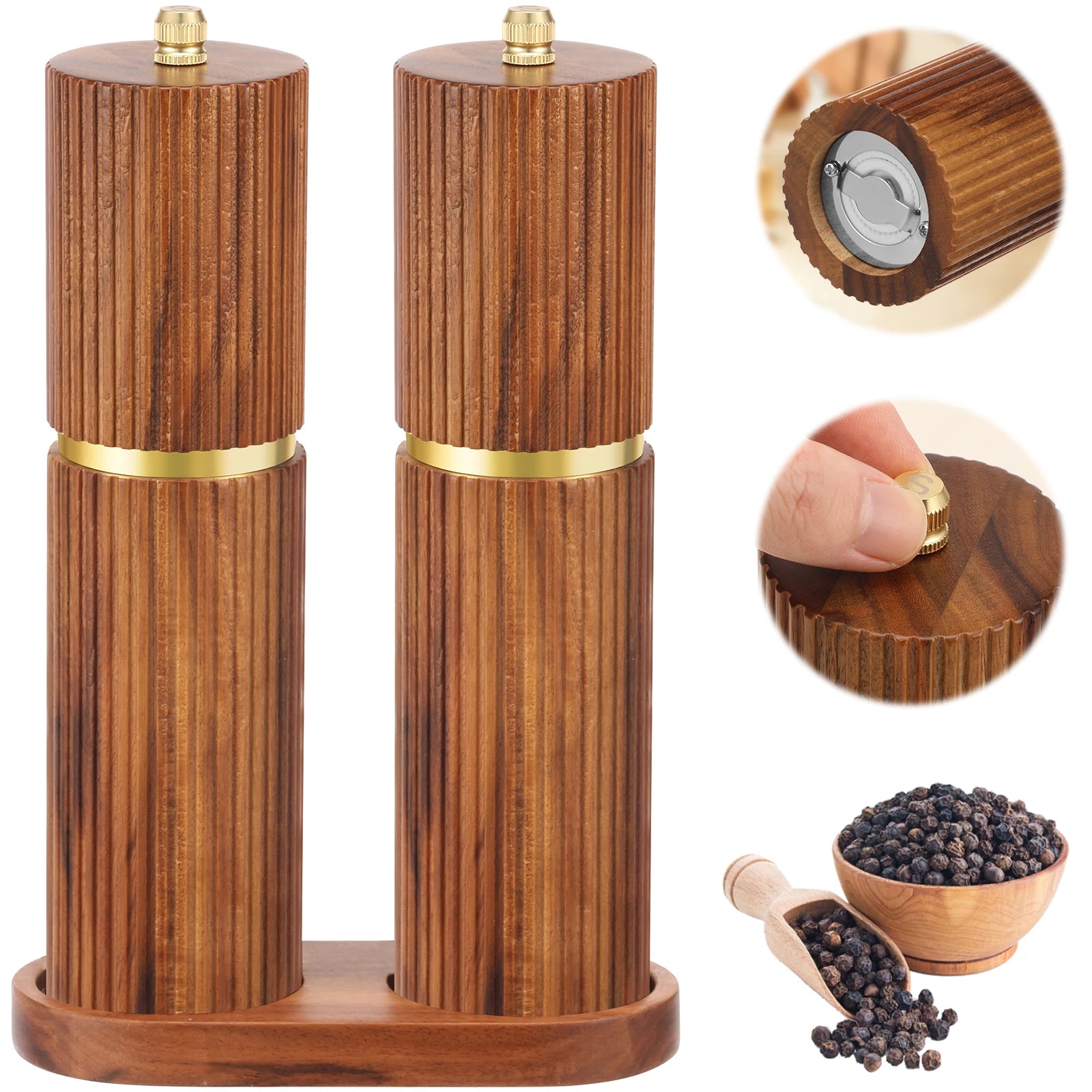 Wooden Salt and Pepper Grinder Set with Adjustable Coarseness