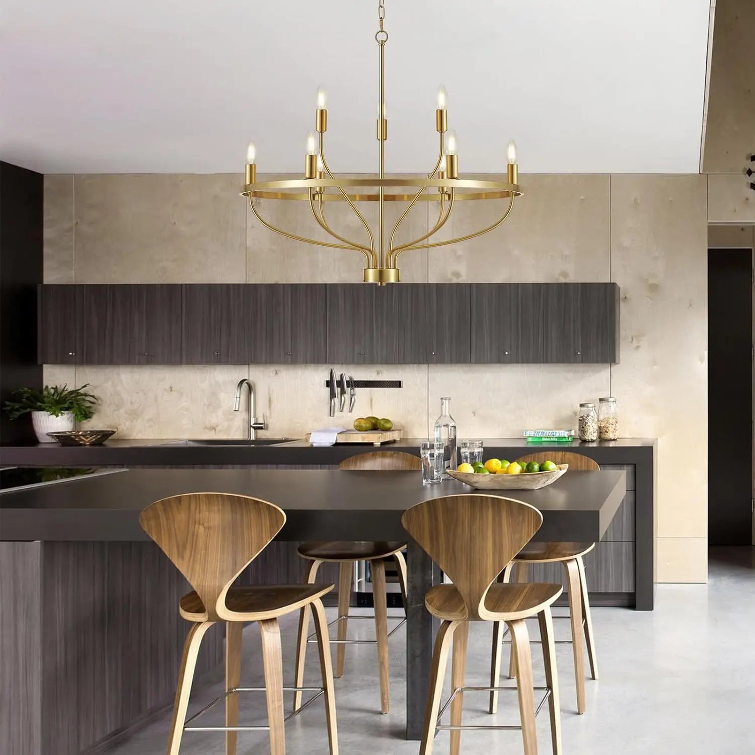 Modern Minimalist 9-Light Brass Chandelier - Gold Ceiling Pendant Light